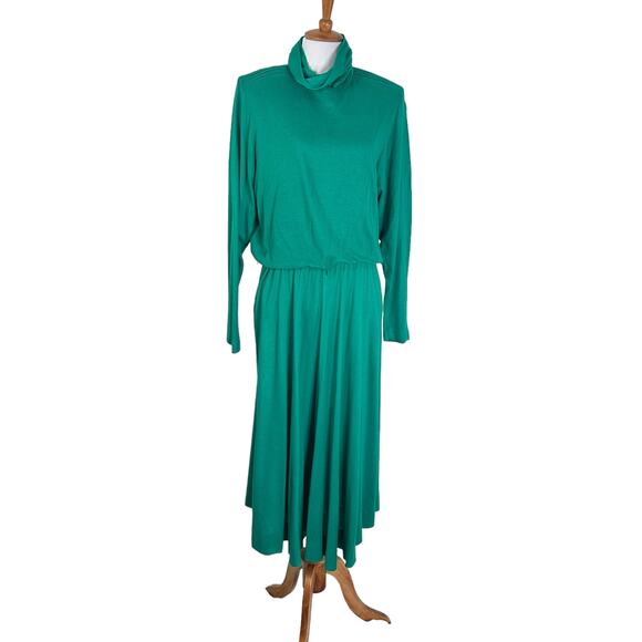 Vintage 1980s Positive Attitude Emerald Green Tutrtleneck knit Midi Dress M - Picture 2 of 10